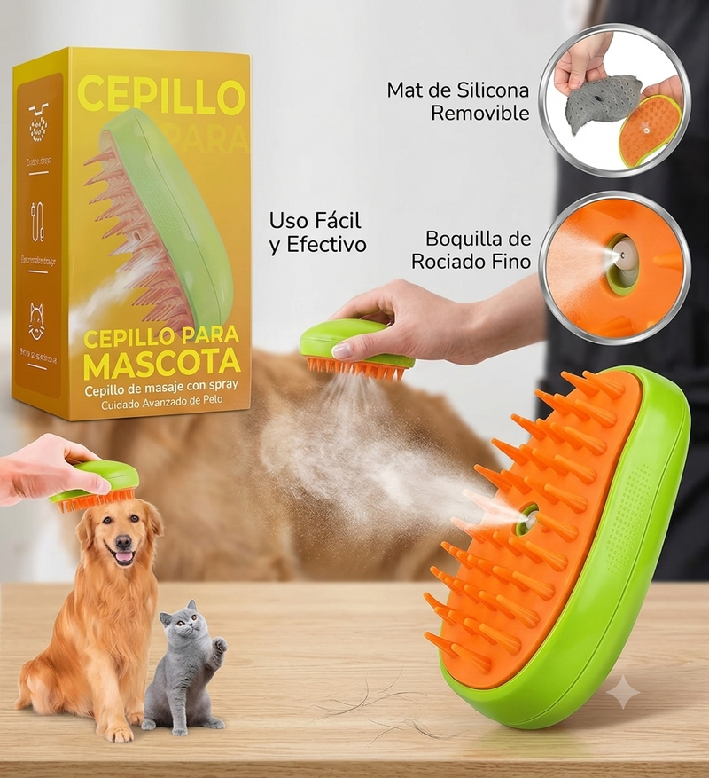 Cepillo Vaporizador 3 en 1 para Perros y Gatos — Baño en Seco, Pelo Suave en Minutos