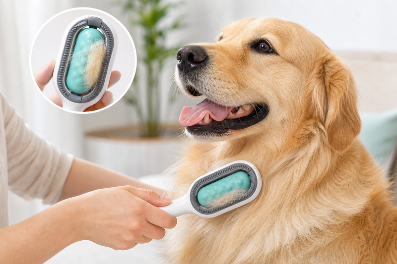 Cepillo quita-pelo autolimpiante para mascotas en uso